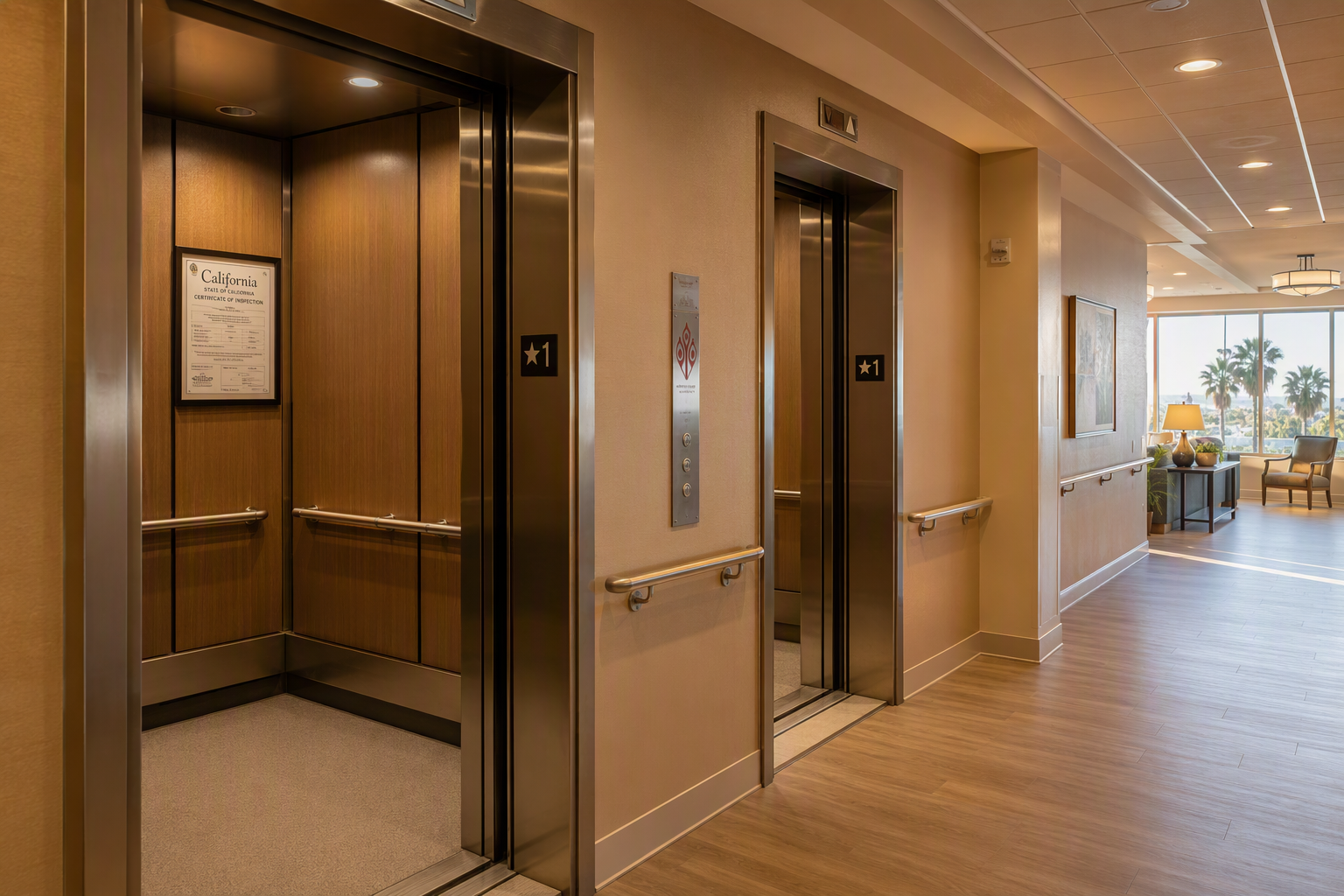 ADA-compliant elevator lobby in a Southern California assisted living facility showing stainless steel cab interiors, wide doorways, and California inspection certificate on the wall