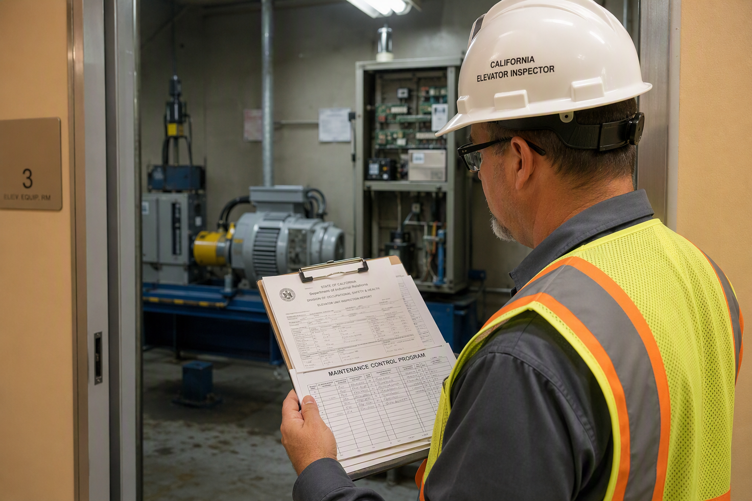 California DOSH elevator inspector reviewing maintenance logs and inspection paperwork beside a machine room at an Orange County senior care facility