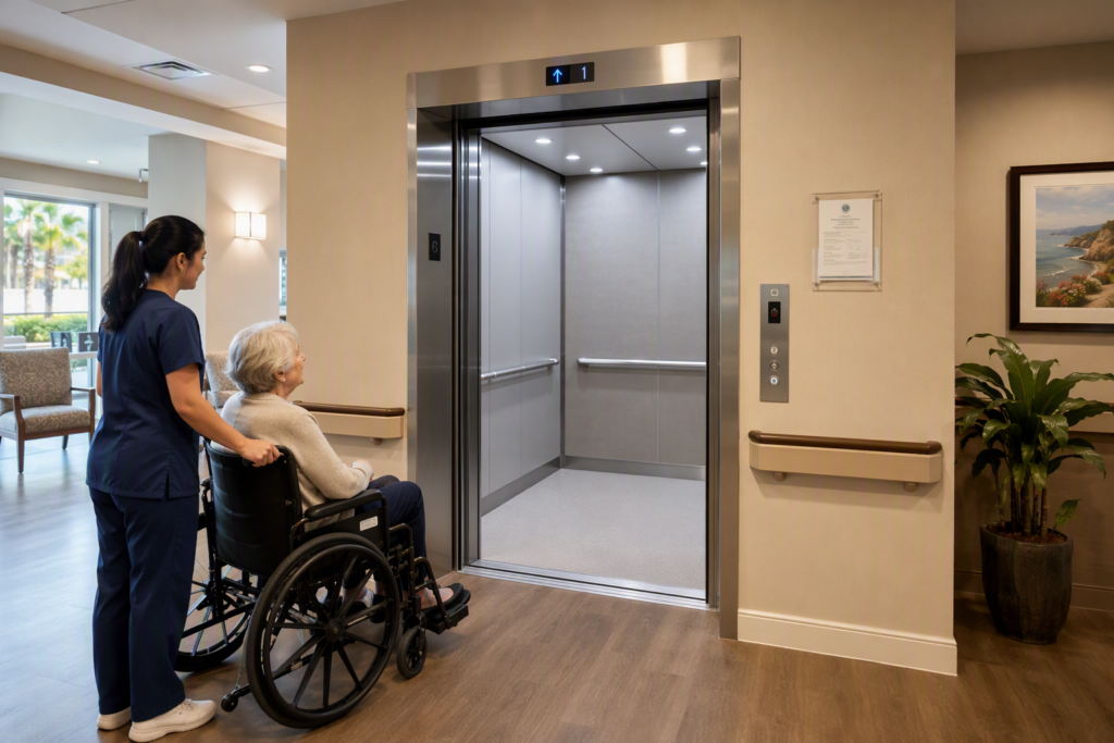 ADA-compliant elevator with inspection certificate posted in a Los Angeles County assisted living facility corridor, showing accessible cab interior with grab rails