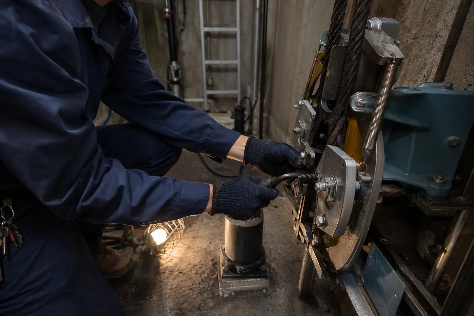 Licensed elevator mechanic performing Category 1 safety brake test in the hoistway pit of an assisted living facility elevator in Long Beach California