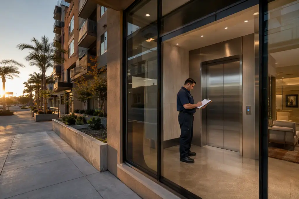 Certified elevator maintenance technician reviewing inspection documents in a Signal Hill CA commercial building lobby beside stainless-steel elevator doors