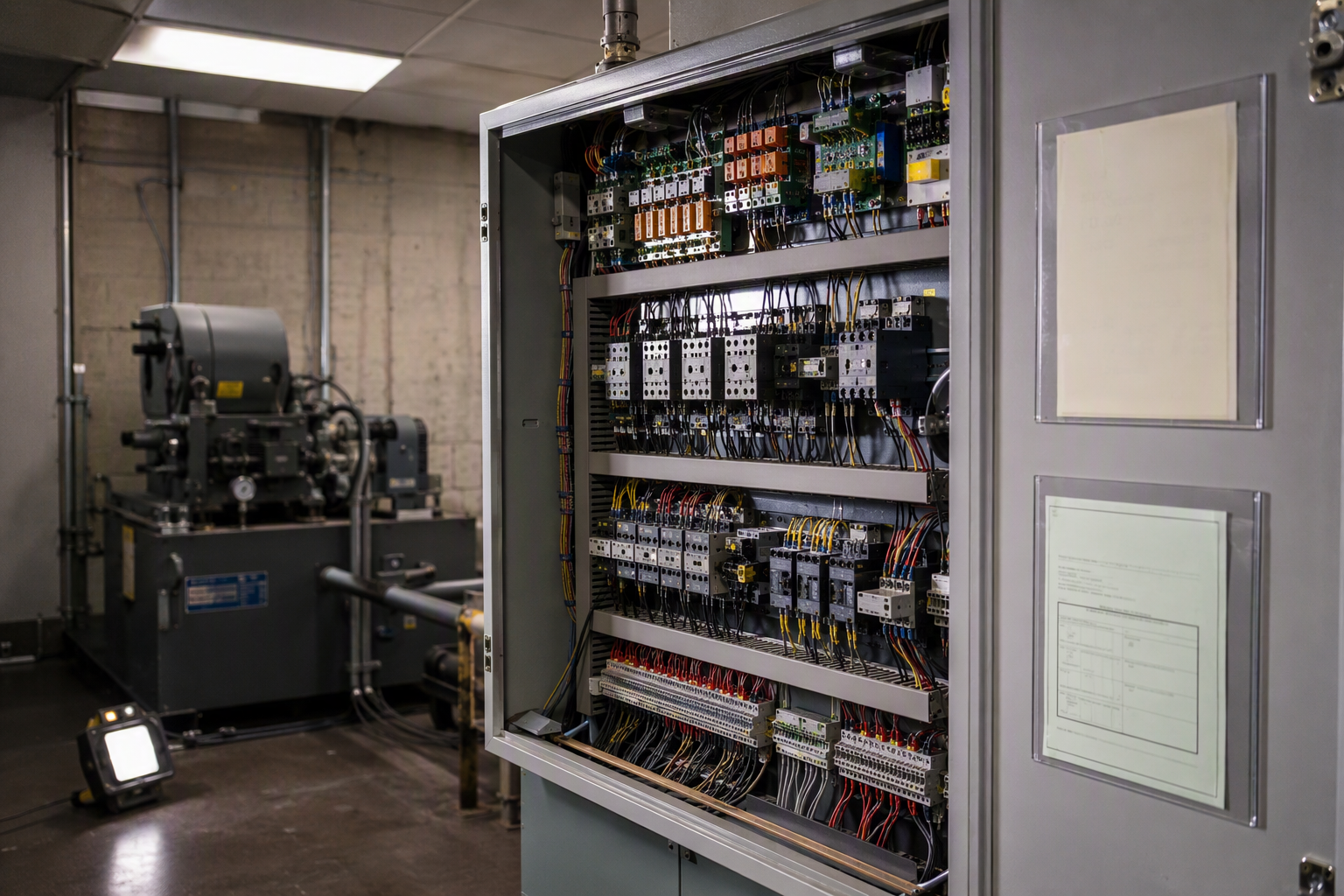 California elevator inspection permit certificate mounted on a controller cabinet in a Signal Hill building machine room showing compliance documentation