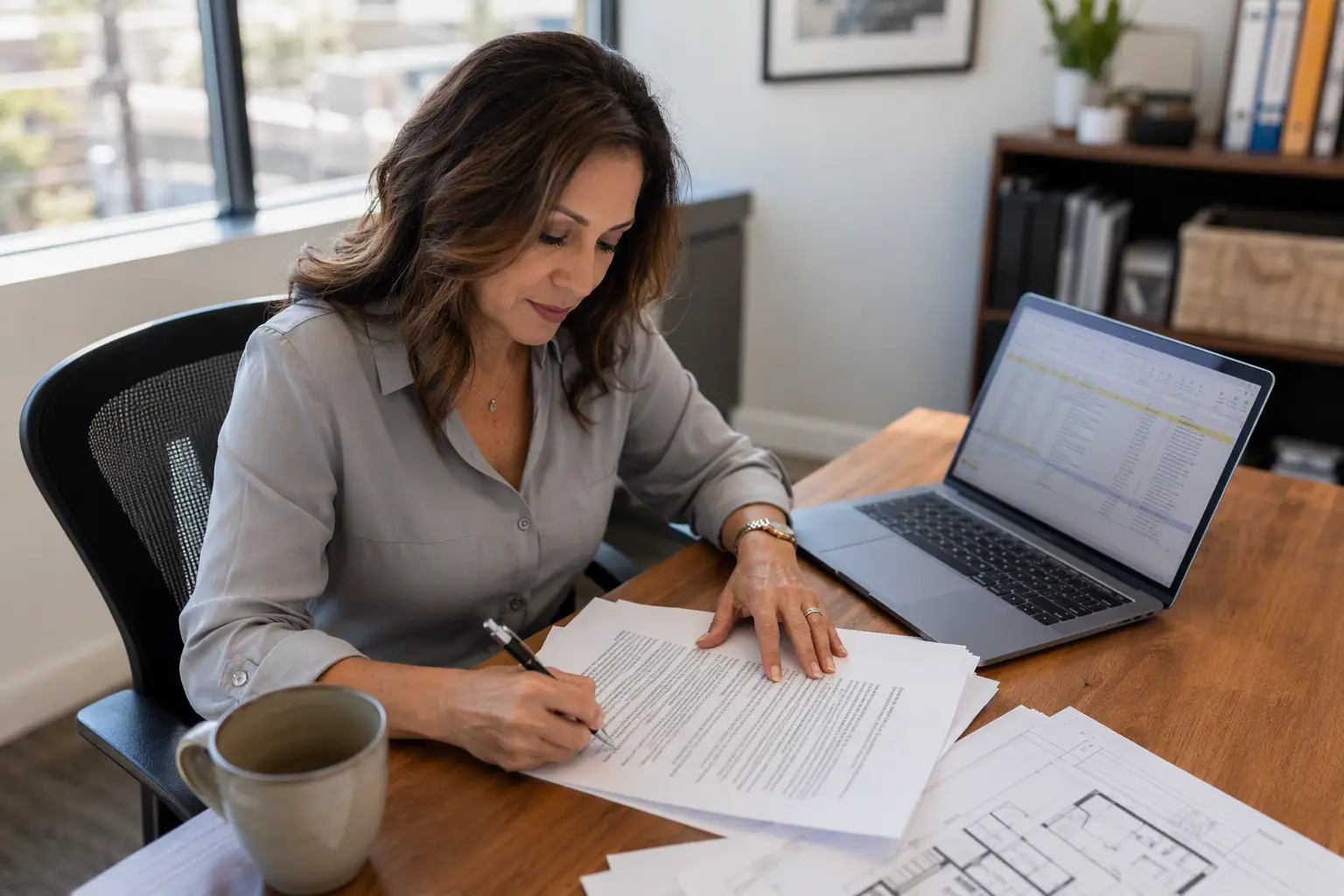 Property manager in a Long Beach area office reviewing an elevator maintenance service contract for a Signal Hill commercial building