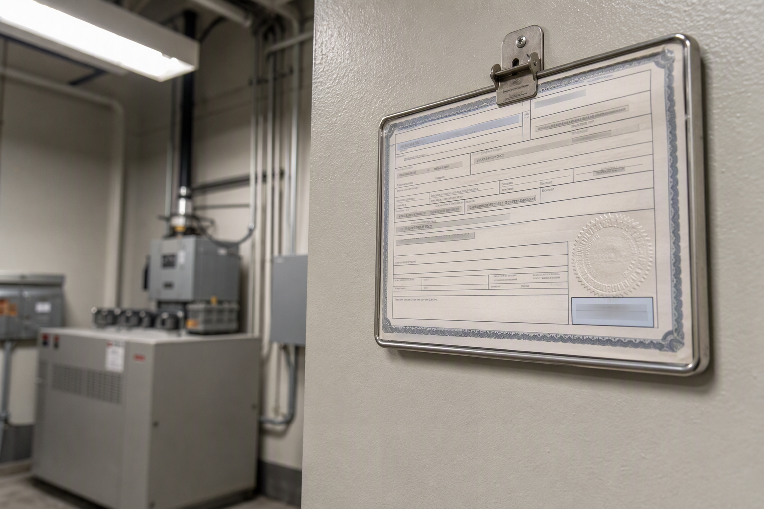 Cal/OSHA Elevator Permit to Operate Cal/OSHA elevator permit to operate certificate mounted in a machine room, representing California compliance requirements tied to elevator maintenance contracts