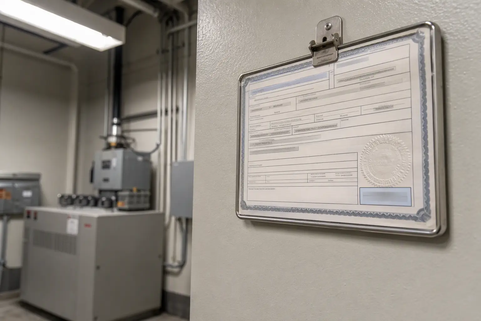 Cal/OSHA elevator permit to operate certificate mounted in a machine room, representing California compliance requirements tied to elevator maintenance contracts