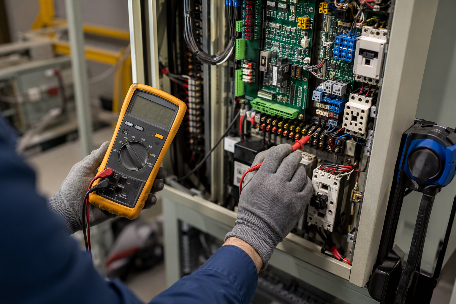 Technician Servicing Elevator Controller Elevator technician servicing controller cabinet components during a comprehensive maintenance visit, representing parts-and-labor coverage in a California elevator service agreement