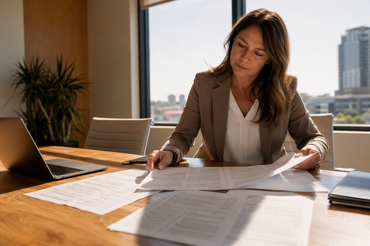 Building manager reviewing an elevator maintenance contract at a desk in a Long Beach CA property management office, evaluating service agreement terms