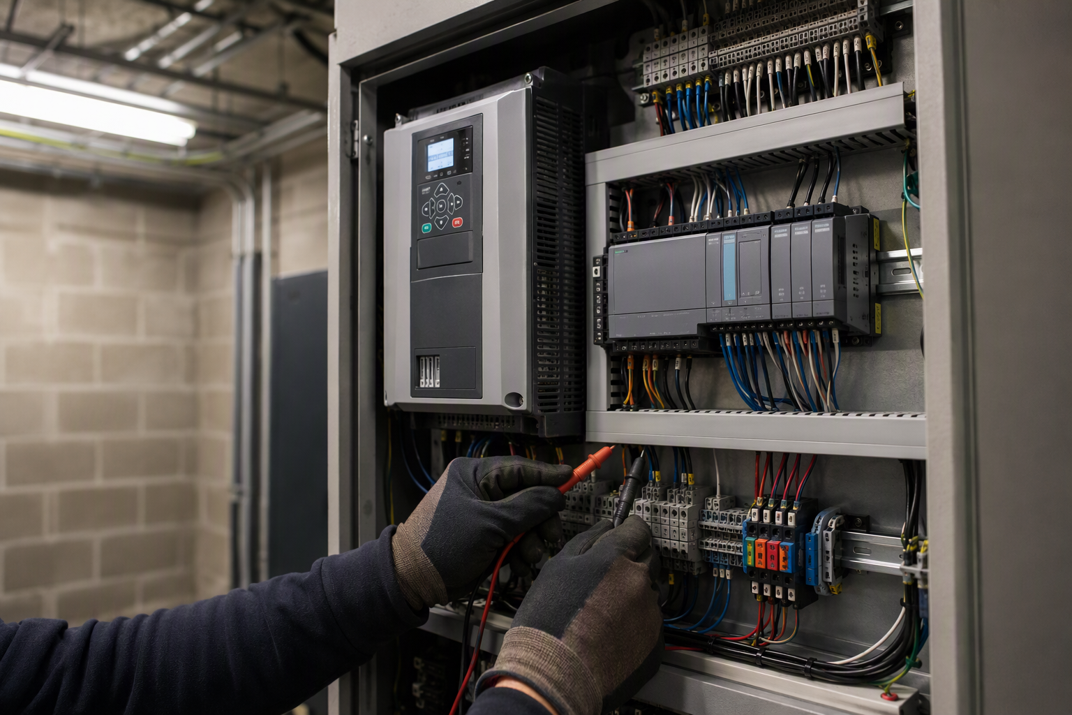 Elevator technician testing a new variable-frequency drive controller in a California machine room — the type of upgrade that triggers a Cal/OSHA permit and code compliance review