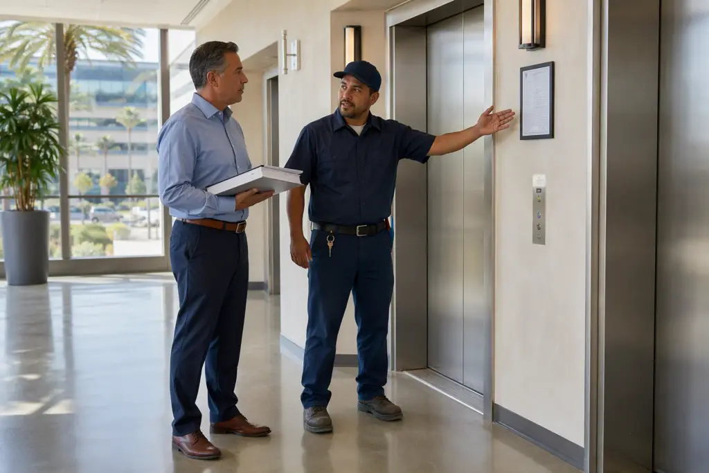 Building manager and elevator technician discussing California permit requirements in a Long Beach commercial elevator lobby with Cal/OSHA inspection certificate on wall