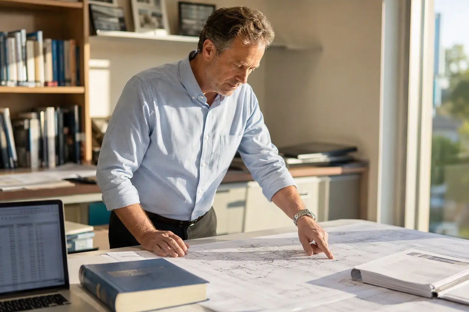 Compliance consultant reviewing ASME A17.3 elevator code standards and Cal/OSHA modernization permit documents at an Orange County office desk