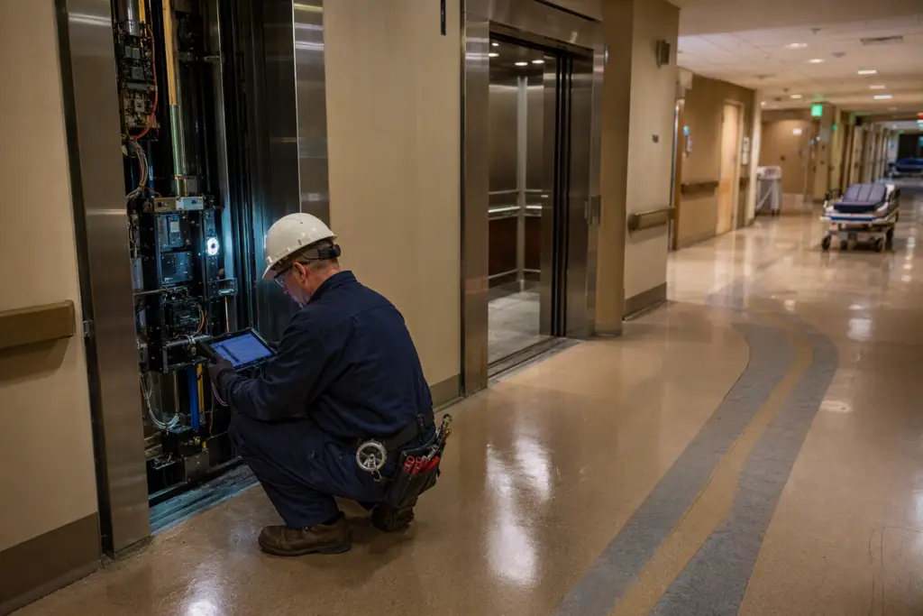 Certified elevator mechanic performing 24/7 elevator repair inside a Southern California hospital corridor at night, with open control panel and diagnostic tablet.