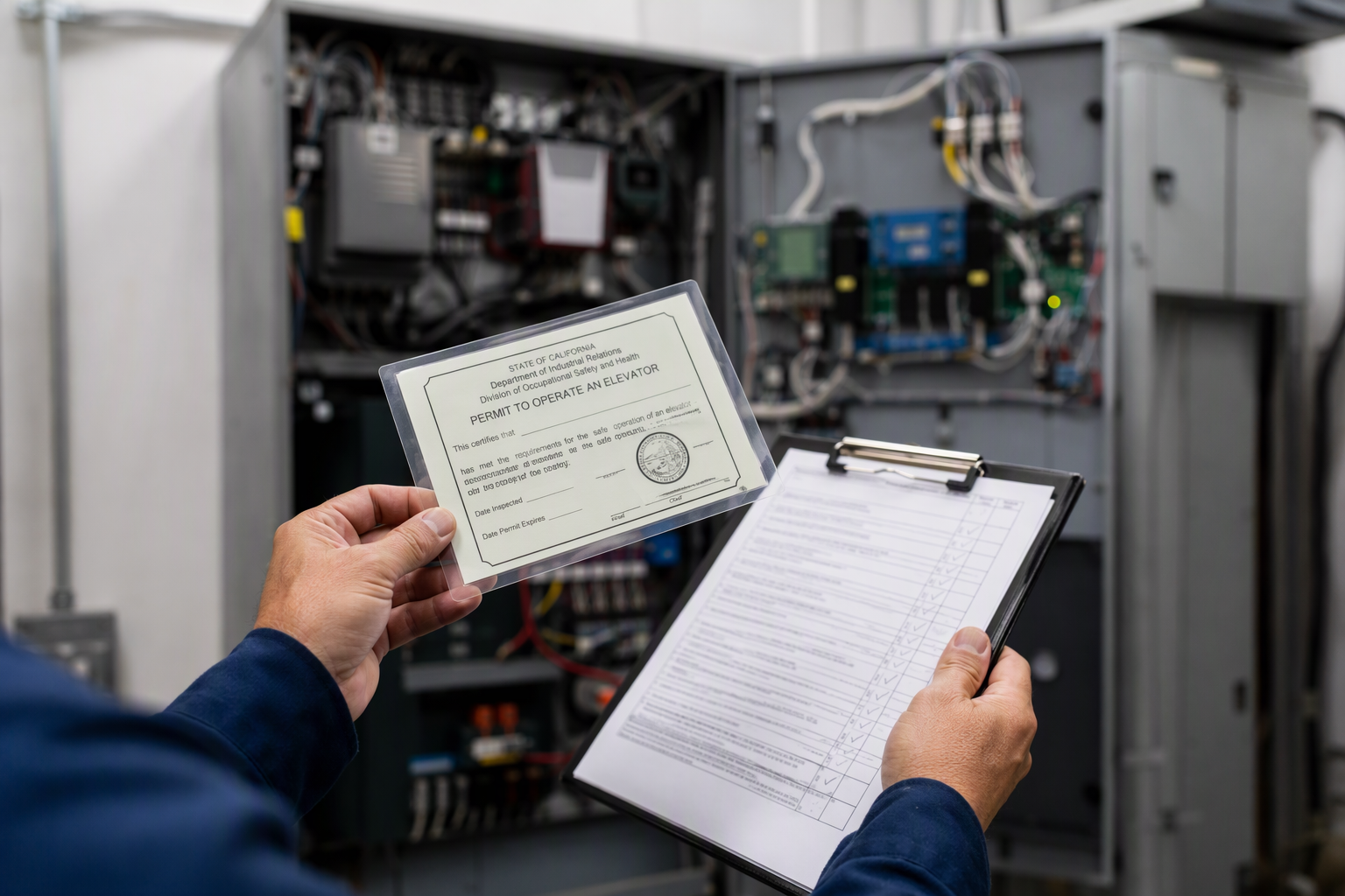 Cal/OSHA Compliance Documentation – Elevator Machine Room Elevator mechanic reviewing a Cal/OSHA permit to operate and inspection checklist in a healthcare facility machine room in Southern California.
