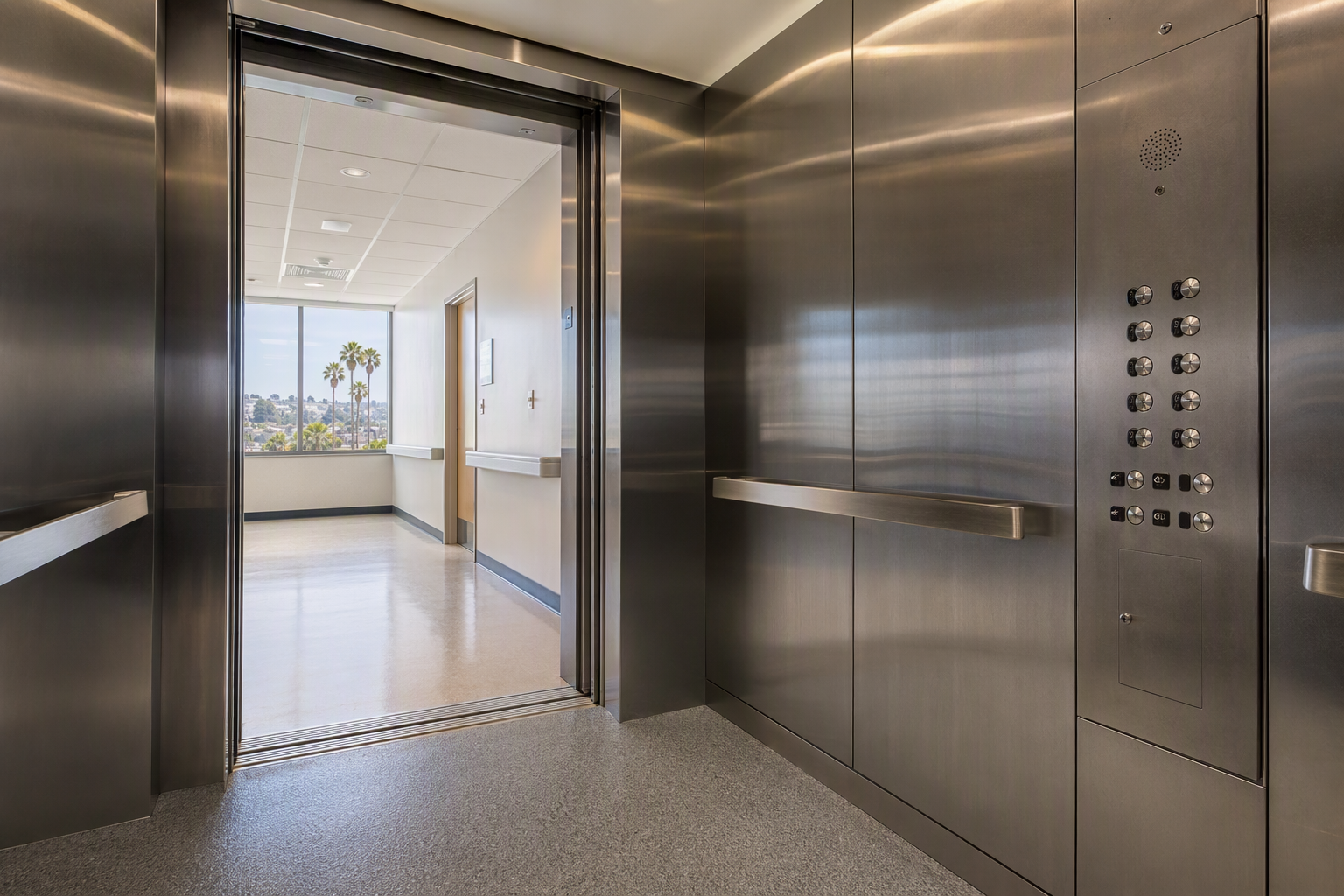 ADA-Compliant Healthcare Elevator Cab Interior ADA-compliant hospital elevator cab interior with stainless-steel panels, braille button panel, and handrail in a Southern California medical facility.