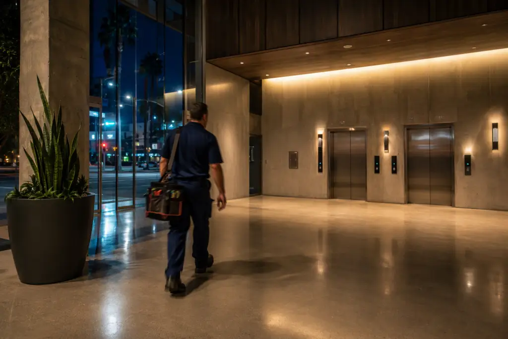 Elevator technician arriving at a Long Beach commercial building lobby in the middle of the night to respond to a 24 hour emergency elevator service call