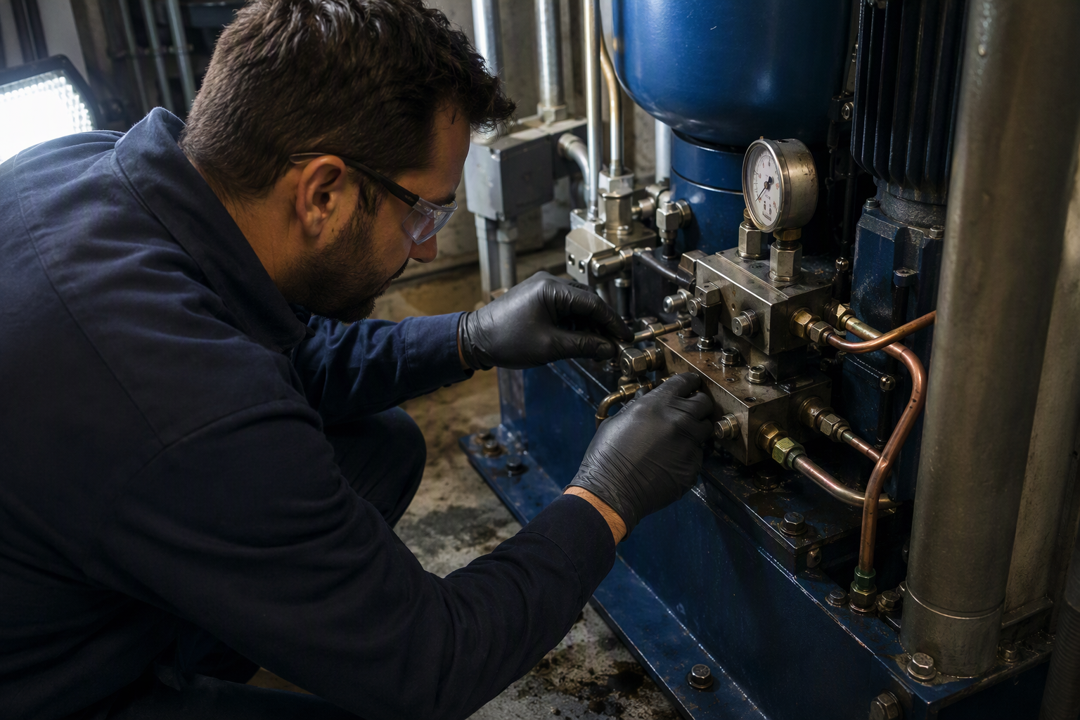 Certified elevator mechanic inspecting a hydraulic power unit during an emergency elevator repair call in a Los Angeles building machine room