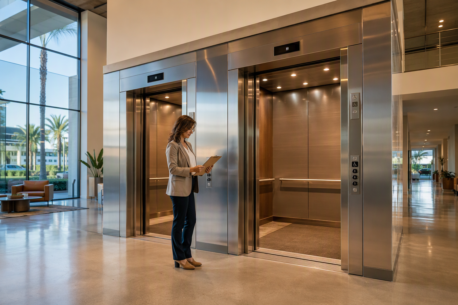 ADA Elevator Compliance – California Commercial Building ADA-compliant commercial elevator lobby in a California office building showing accessible cab dimensions, Braille signage, and code-compliant control panel height