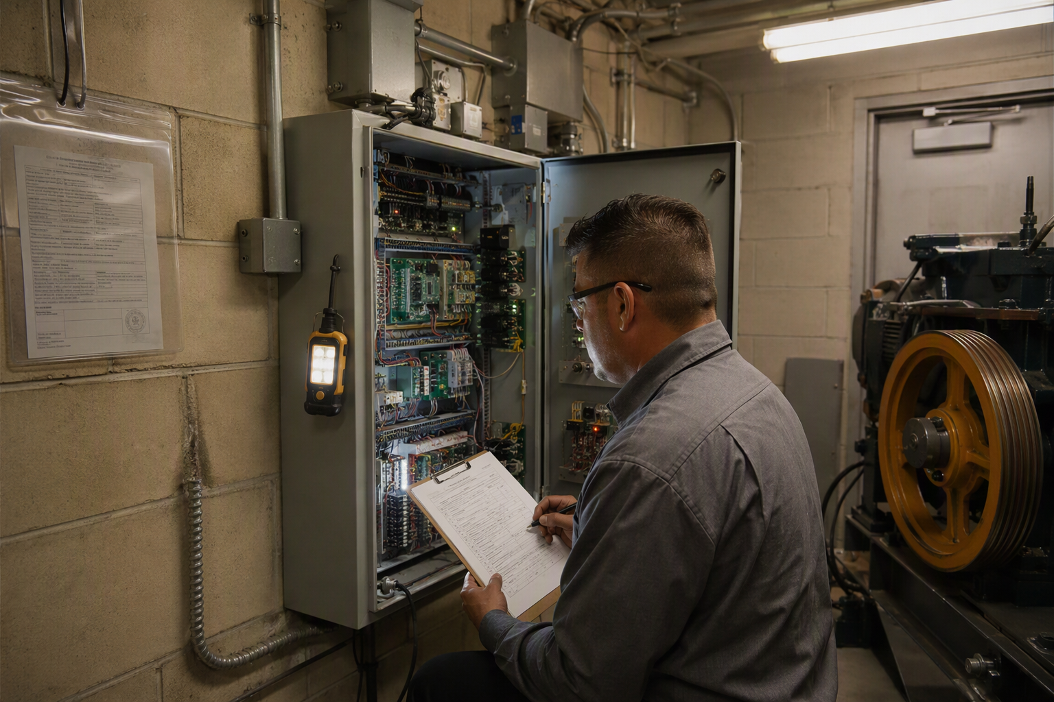 Cal/OSHA Elevator Permit and Machine Room Inspection Licensed elevator technician reviewing a Cal/OSHA compliance checklist in a commercial building machine room in Los Angeles, with controller cabinet and permit certificate visible