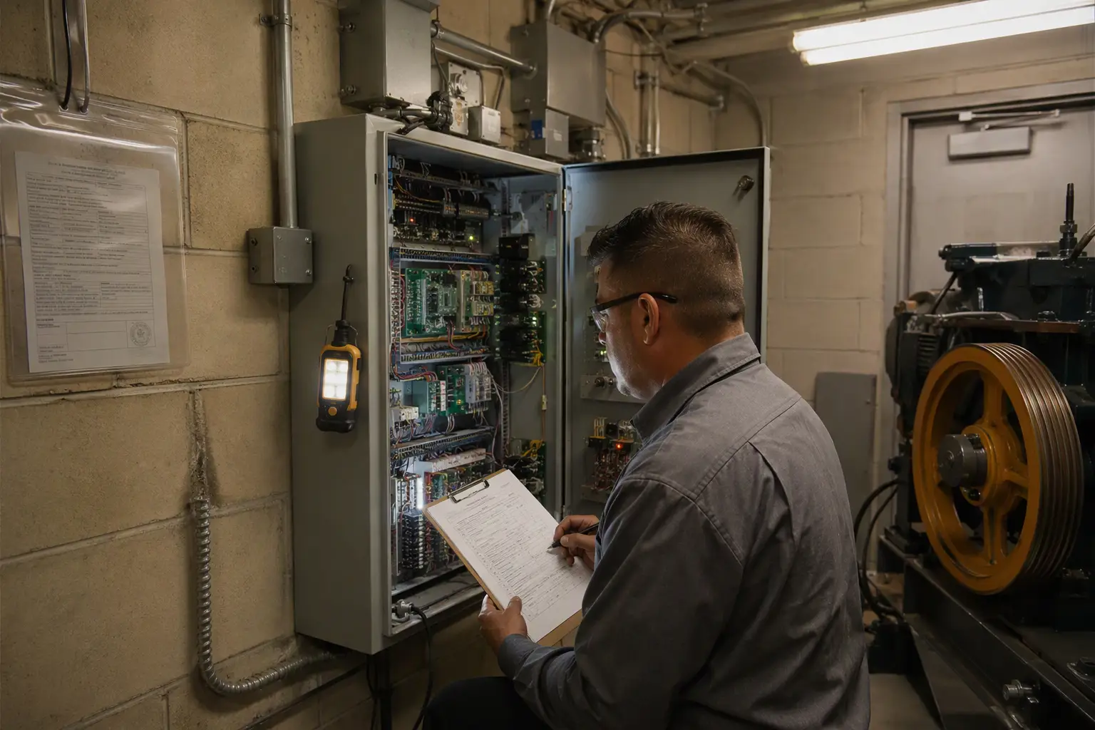 Cal/OSHA Elevator Permit and Machine Room Inspection Licensed elevator technician reviewing a Cal/OSHA compliance checklist in a commercial building machine room in Los Angeles, with controller cabinet and permit certificate visible