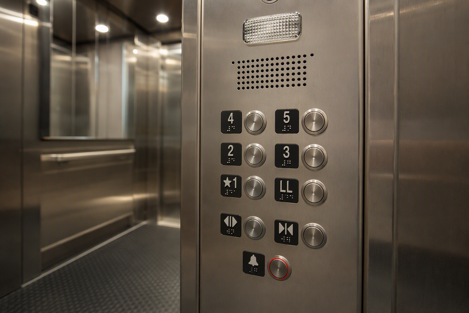 Close-up of ADA-compliant elevator cab control panel with raised Braille buttons, emergency communication system, and visual indicator meeting California commercial building accessibility requirements