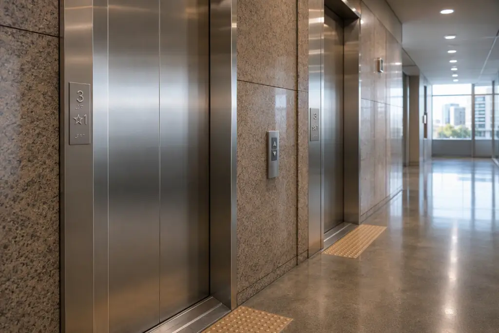 ADA-compliant commercial elevator lobby in a Long Beach CA mid-rise office building showing Braille floor designations, tactile call buttons, and compliant door hardware