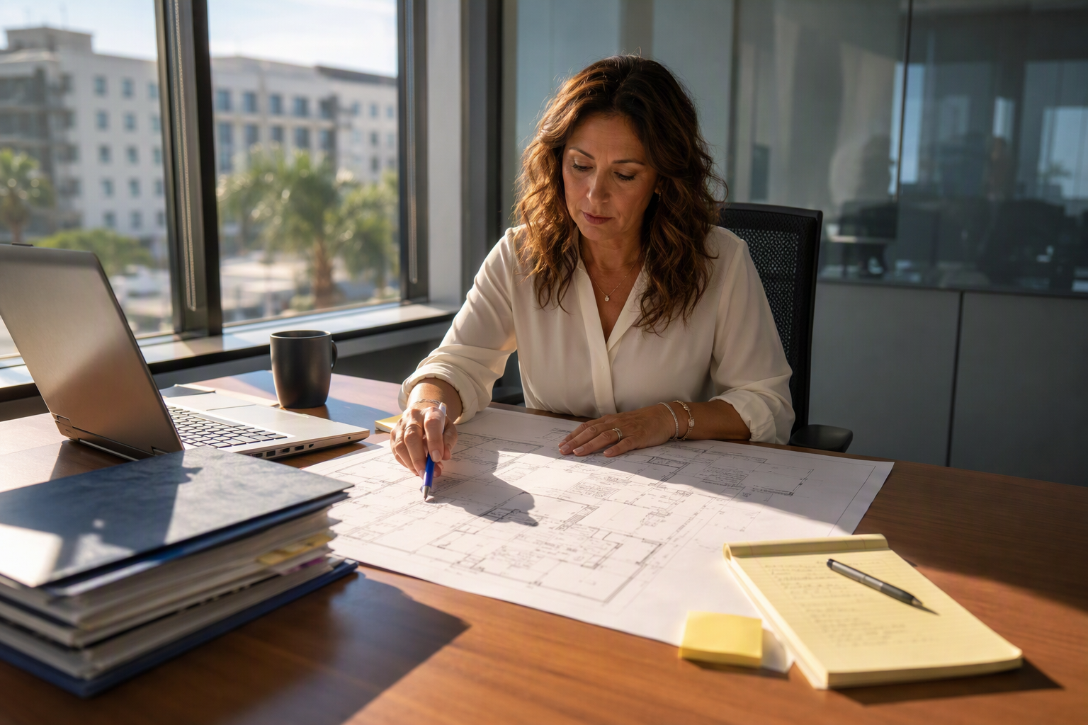Building manager reviewing ADA elevator compliance documentation and architectural drawings at a desk in a Southern California commercial property management office