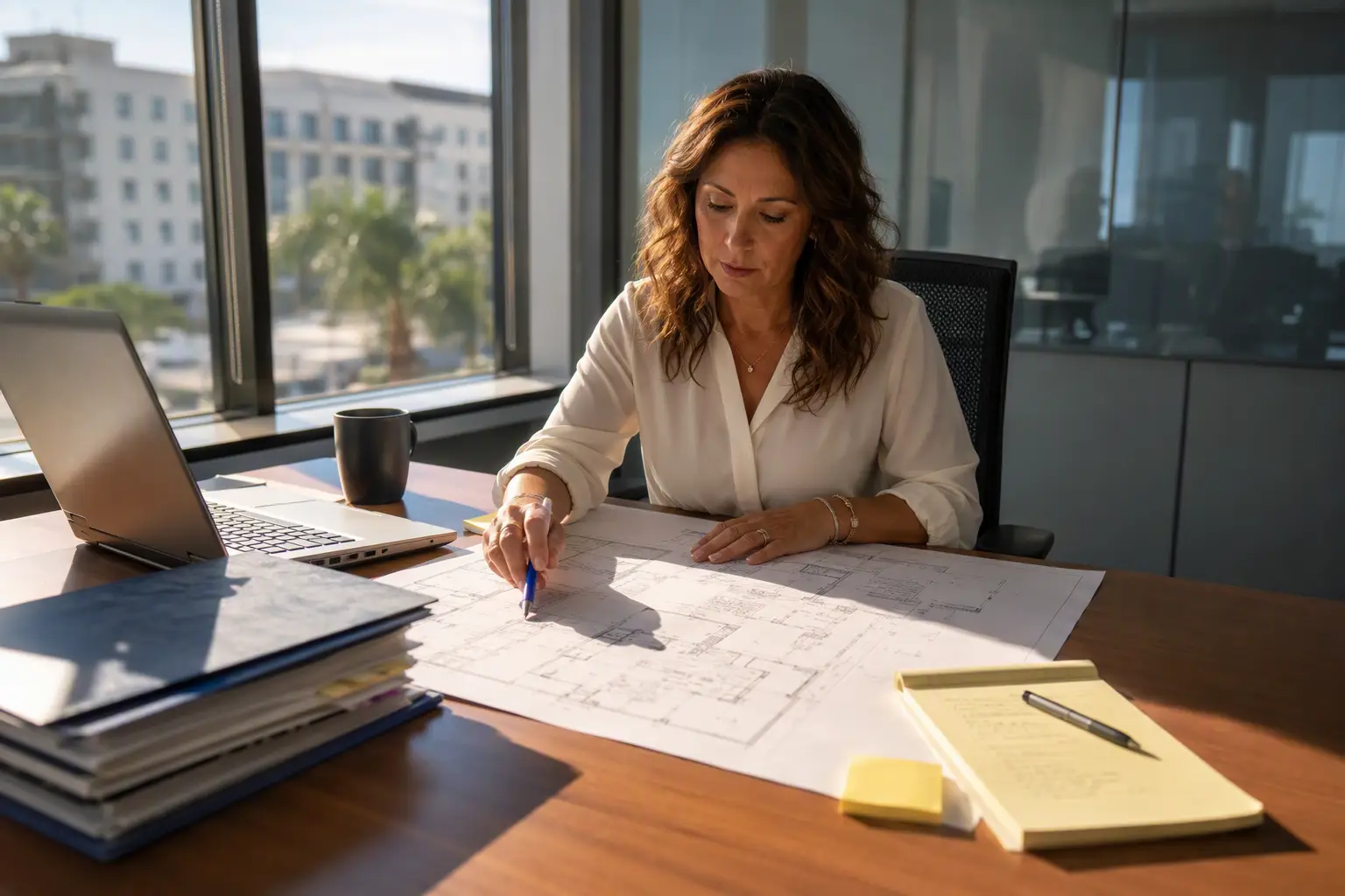 Building manager reviewing ADA elevator compliance documentation and architectural drawings at a desk in a Southern California commercial property management office