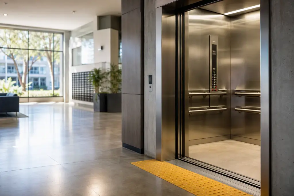 ADA-compliant elevator in a Southern California multifamily residential building lobby, showing accessible cab interior with Braille controls and compliant threshold