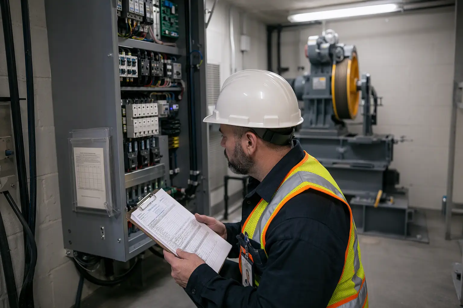 Licensed elevator inspector reviewing Cal/OSHA compliance documentation beside a machine-room controller in a California multifamily residential building