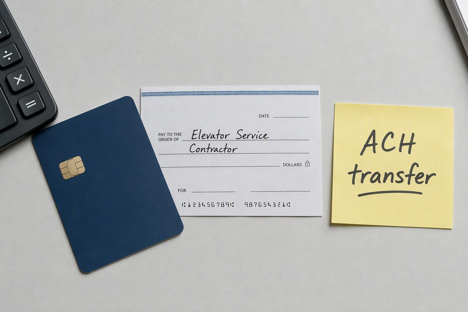 Side-by-side comparison of credit card, check, and ACH transfer note on a desk, illustrating elevator service invoice payment method options and fee differences.