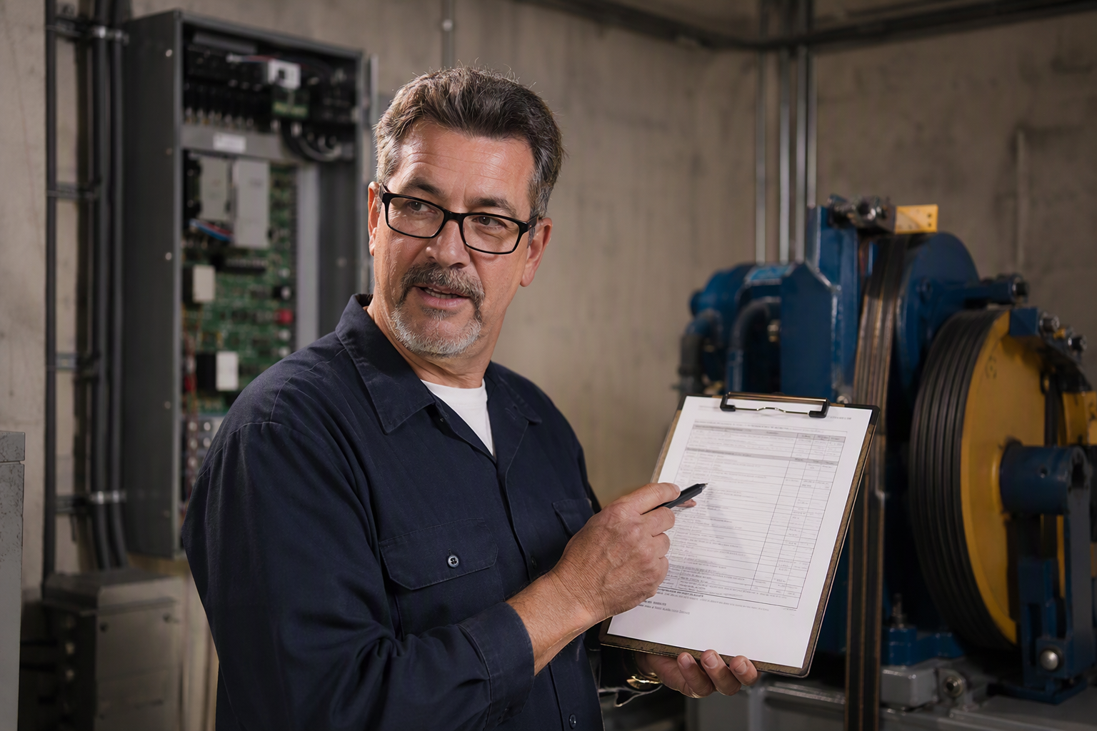 Elevator service technician in a Los Angeles machine room reviewing line items on an invoice, including potential credit card surcharge disclosures, with a client.