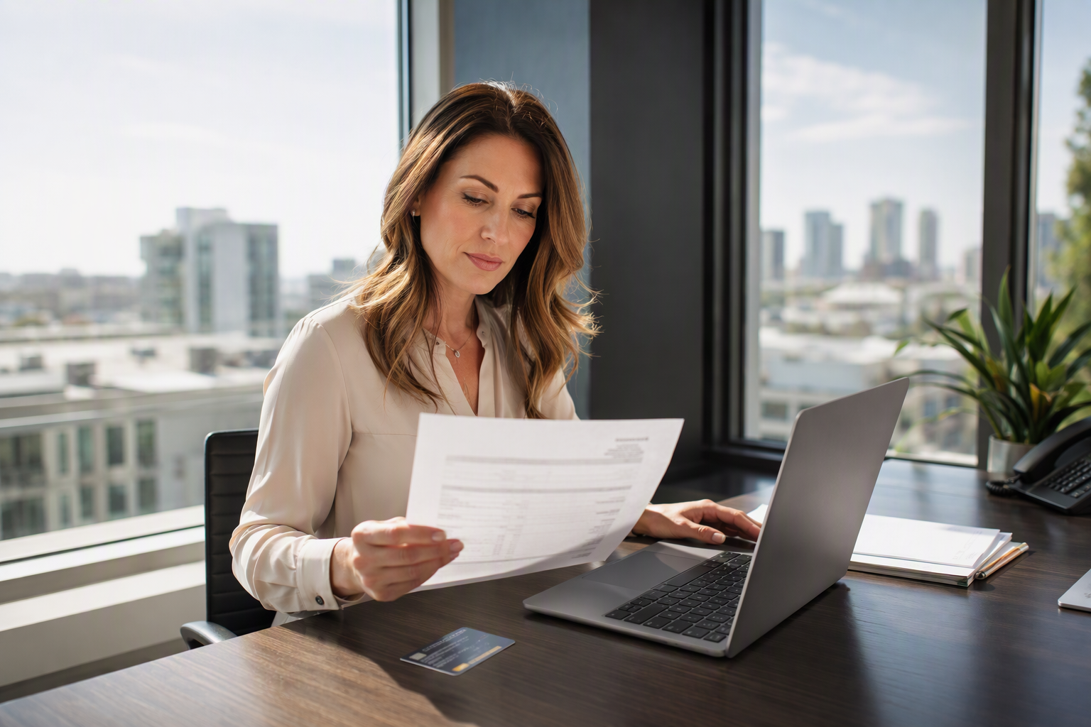 Property manager in Long Beach CA reviewing an elevator service invoice next to a credit card before submitting payment online, considering processing fees.