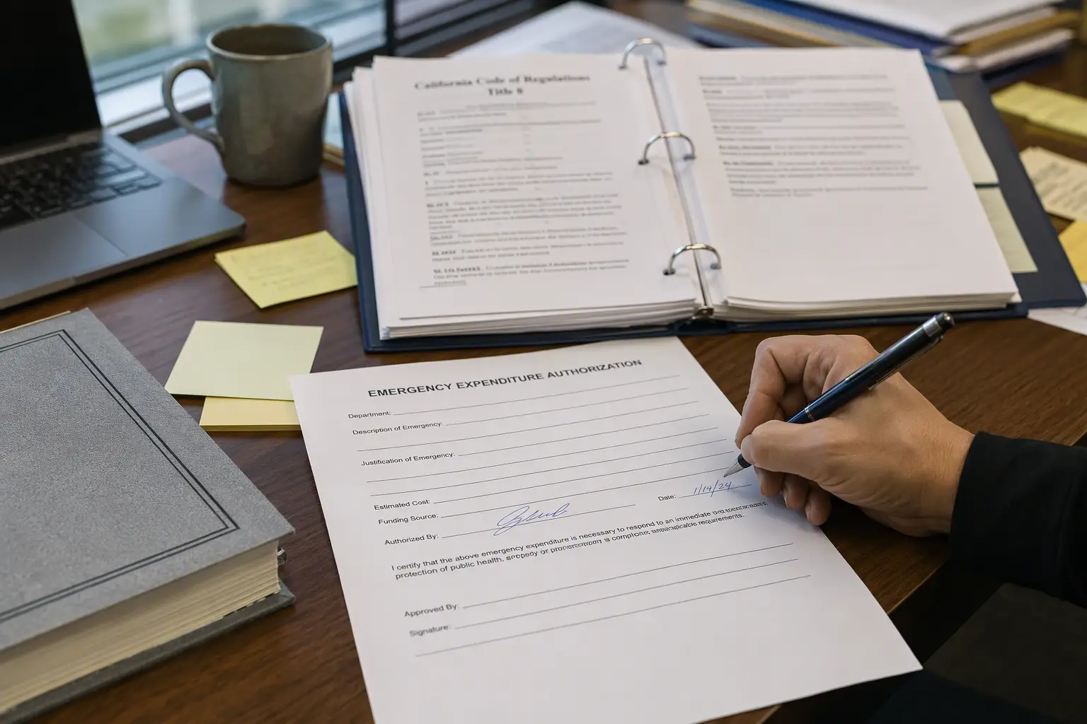 California public agency administrator reviewing emergency procurement authorization and elevator safety regulations under Title 8 CCR at a municipal office desk