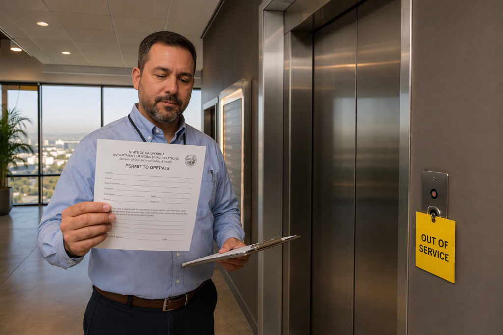 Facilities manager reviews Cal/OSHA elevator permit documentation beside an out-of-service elevator in a Long Beach CA commercial building lobby