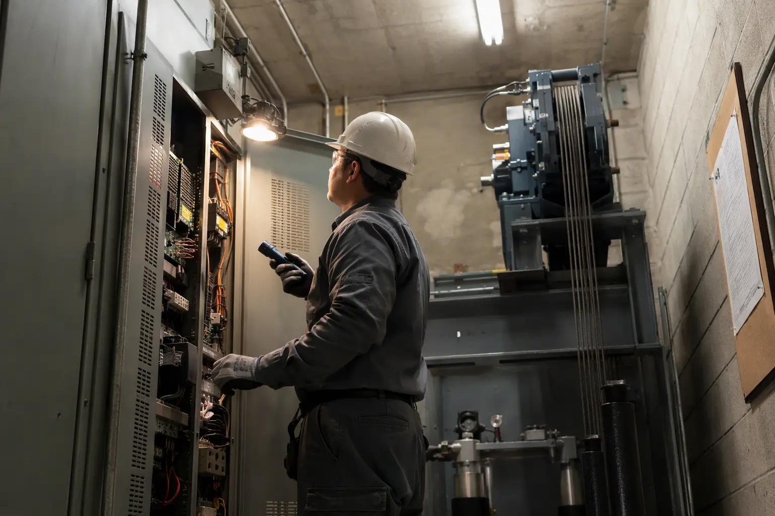 Certified elevator mechanic inspecting a hoisting machine controller in a California building machine room during an emergency maintenance response