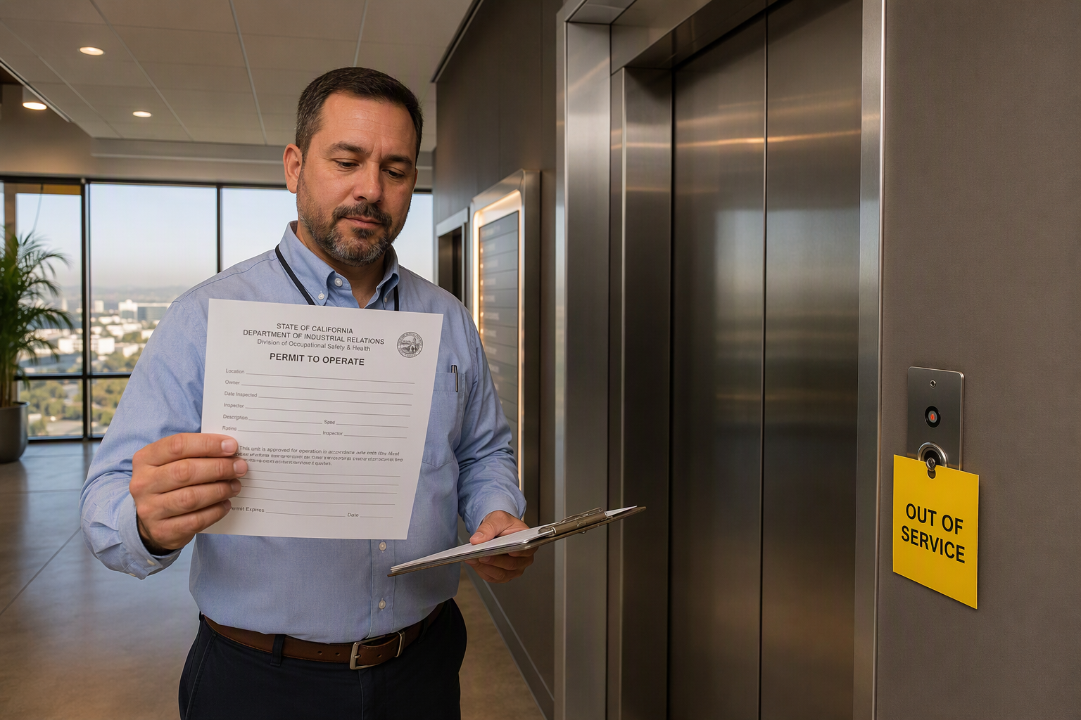 Facilities manager reviews Cal/OSHA elevator permit documentation beside an out-of-service elevator in a Long Beach CA commercial building lobby