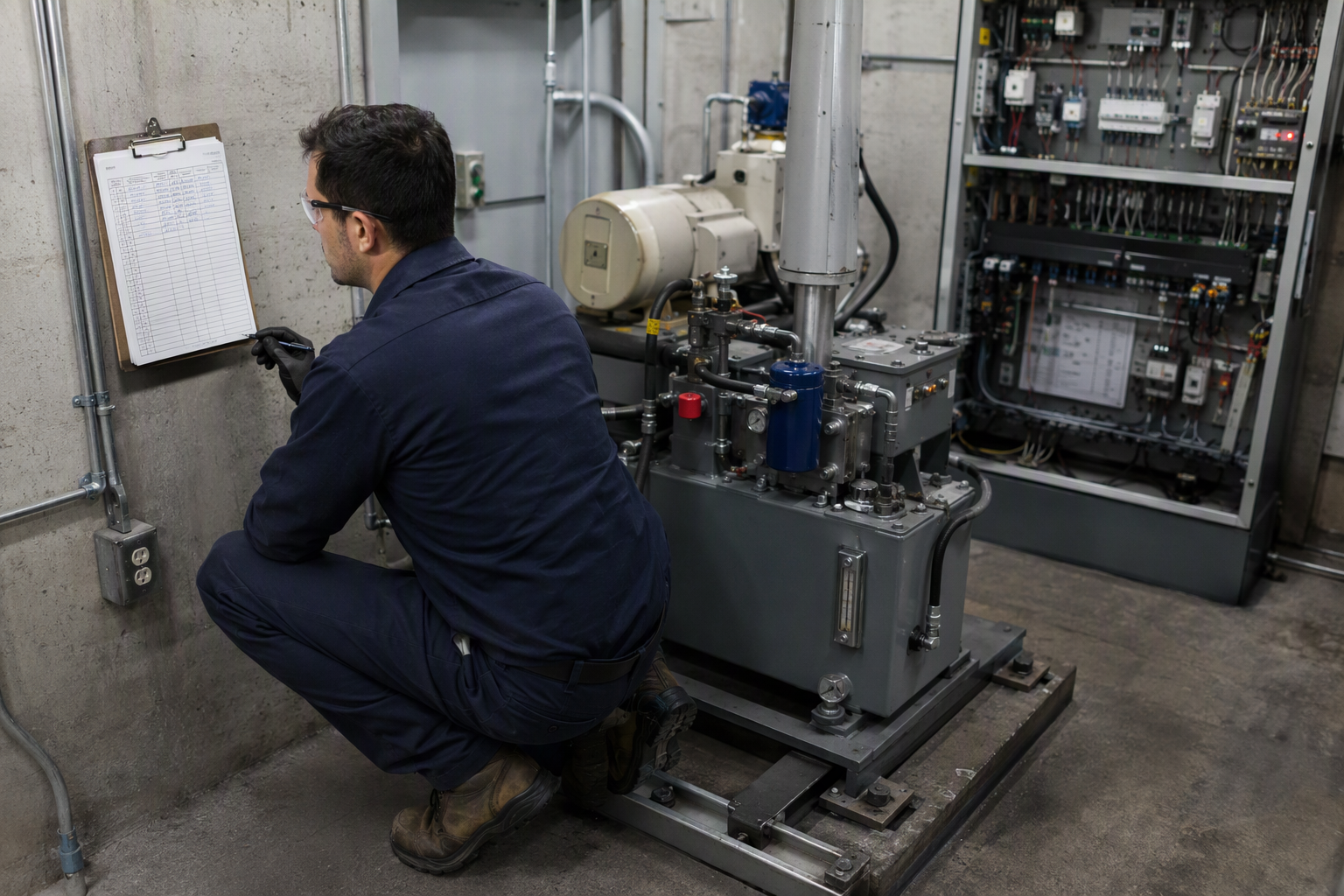 Elevator mechanic reviewing a maintenance log in a commercial machine room during a contractor transition inspection in the Los Angeles area.