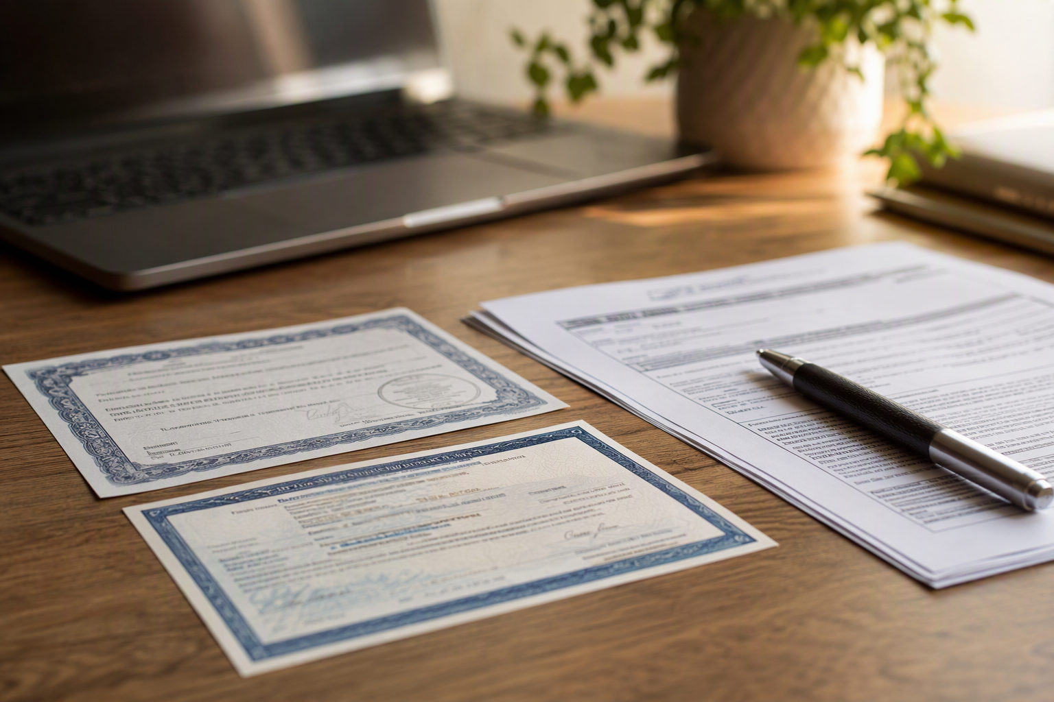 Cal/OSHA CQCC certification and CSLB C-11 elevator contractor license documents on a desk, key credentials required to legally maintain elevators in California.