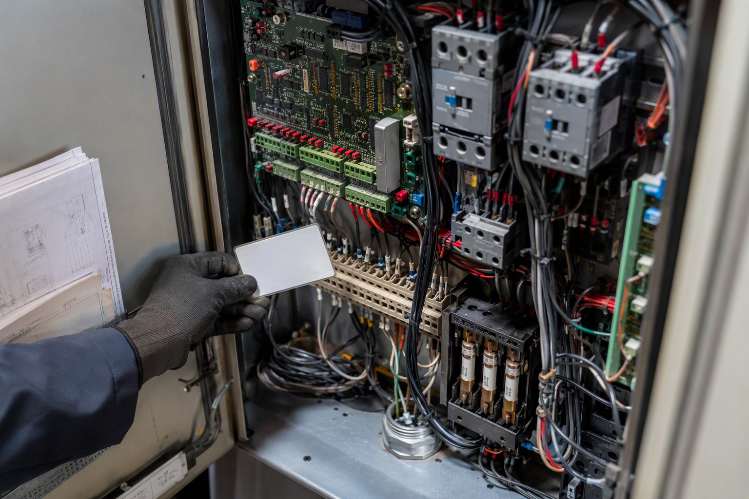 Open elevator control panel in a commercial building machine room showing relay and drive components, with a technician's CQCC certification card held nearby for California compliance verification.
