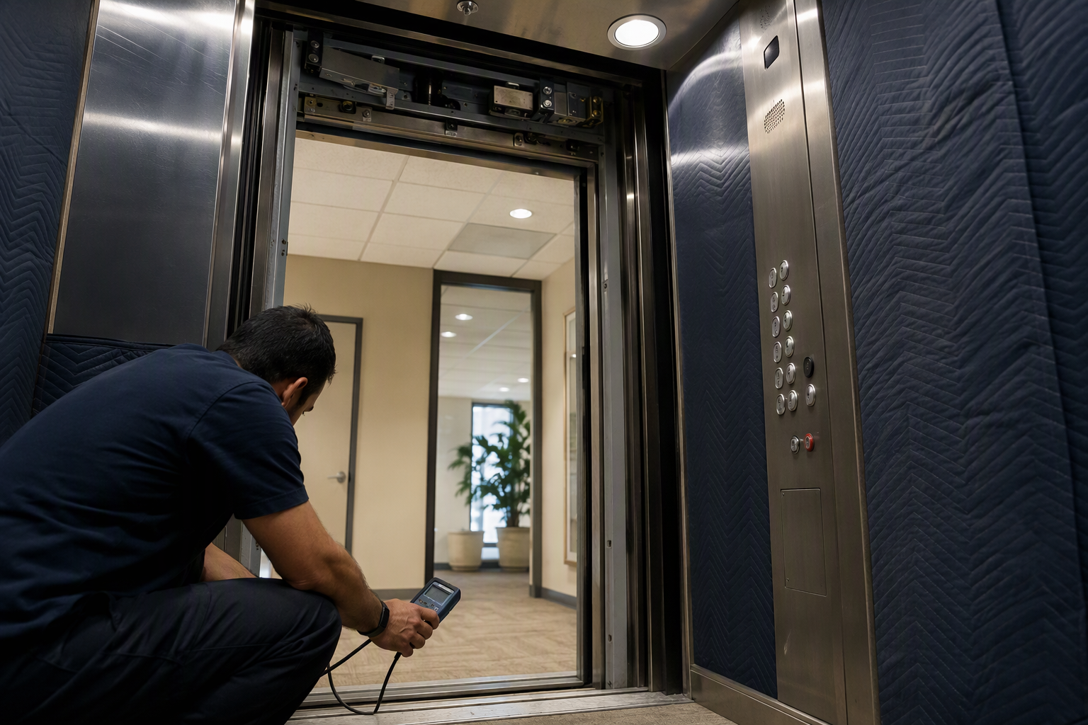 Elevator technician testing door interlock hardware on a two-floor commercial elevator during a repair assessment in an Orange County CA office building, checking mechanical and code compliance.