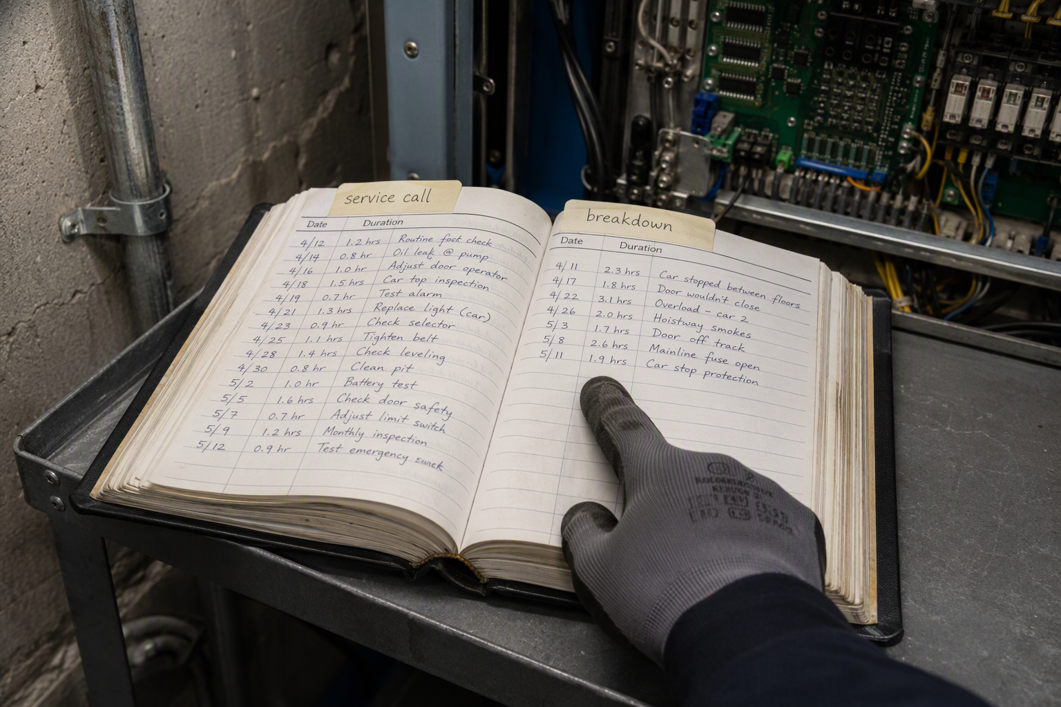 Elevator maintenance logbook open on a machine-room shelf distinguishing service calls from breakdowns, with a controller cabinet visible in the background