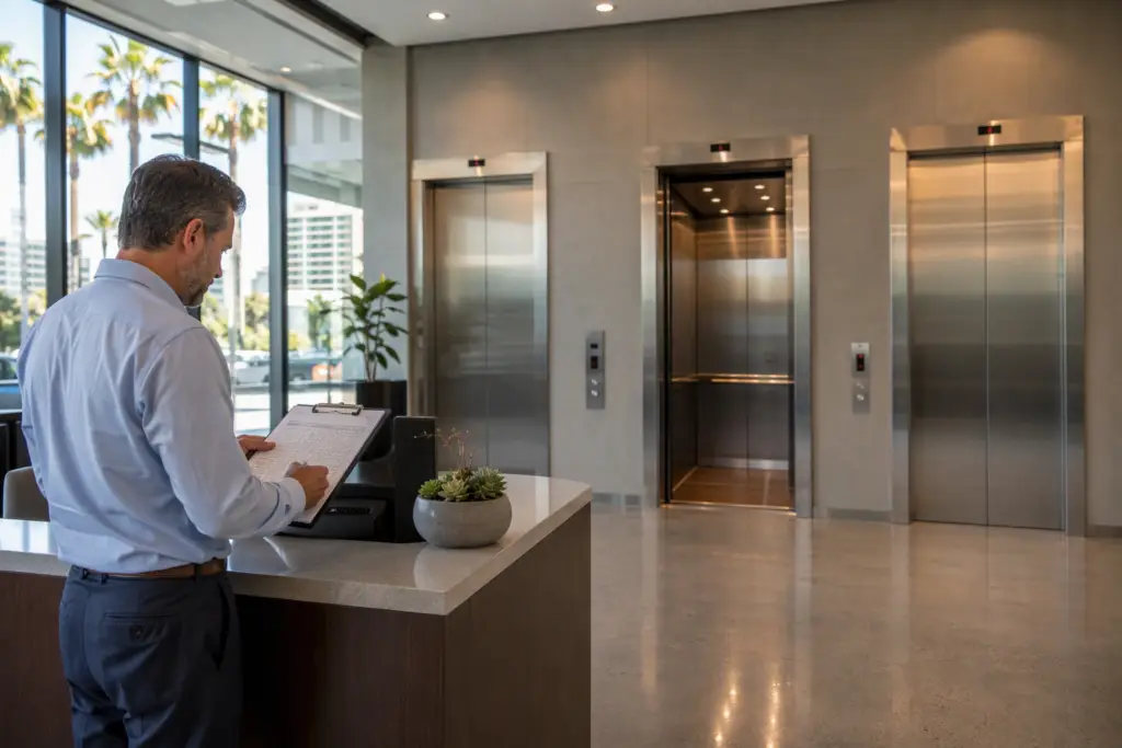 Building manager reviewing elevator service call log in a Long Beach CA commercial office lobby with three stainless-steel elevator doors visible in the background
