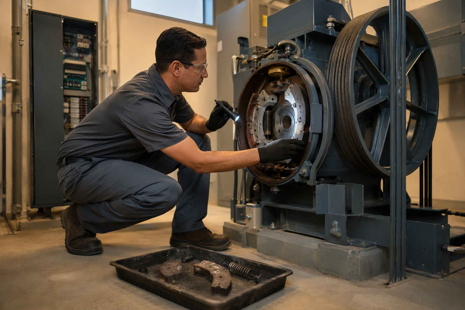 Elevator technician inspecting traction machine brake assembly during a proactive maintenance visit in a Signal Hill CA commercial building machine room