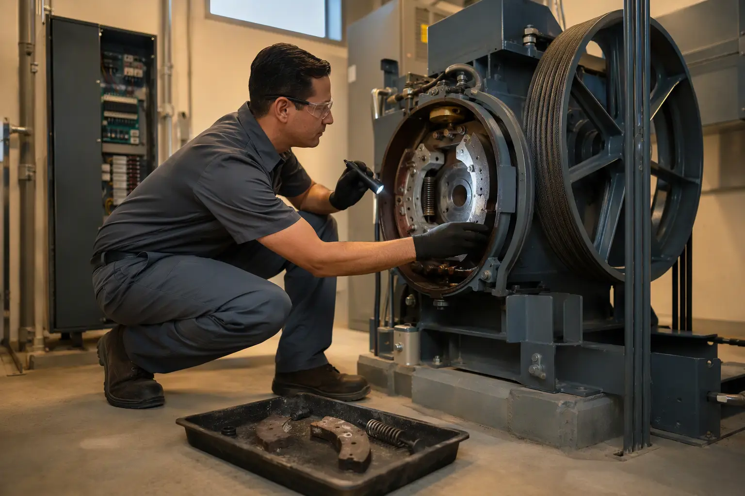 Elevator technician inspecting traction machine brake assembly during a proactive maintenance visit in a Signal Hill CA commercial building machine room