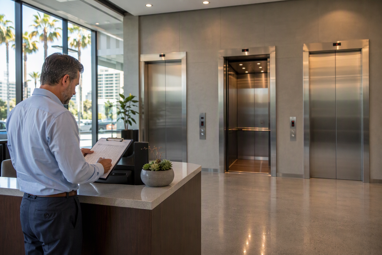 Building manager reviewing elevator service call log in a Long Beach CA commercial office lobby with three stainless-steel elevator doors visible in the background