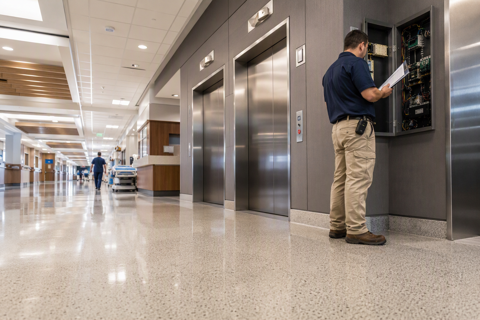 Certified elevator mechanic performing commercial elevator maintenance inspection at a Los Angeles-area hospital, reviewing documentation beside stainless-steel cab doors in a clinical corridor.