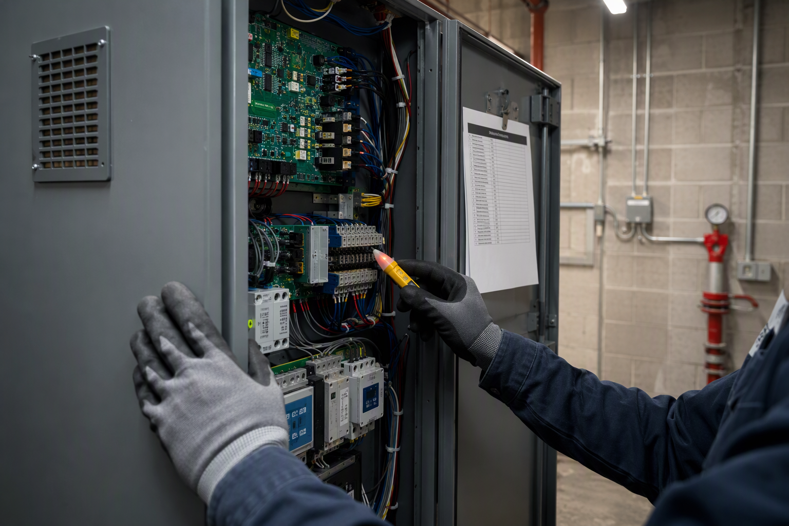Elevator mechanic's gloved hands testing a machine-room controller during commercial elevator maintenance at a healthcare facility in Long Beach or Signal Hill, CA.