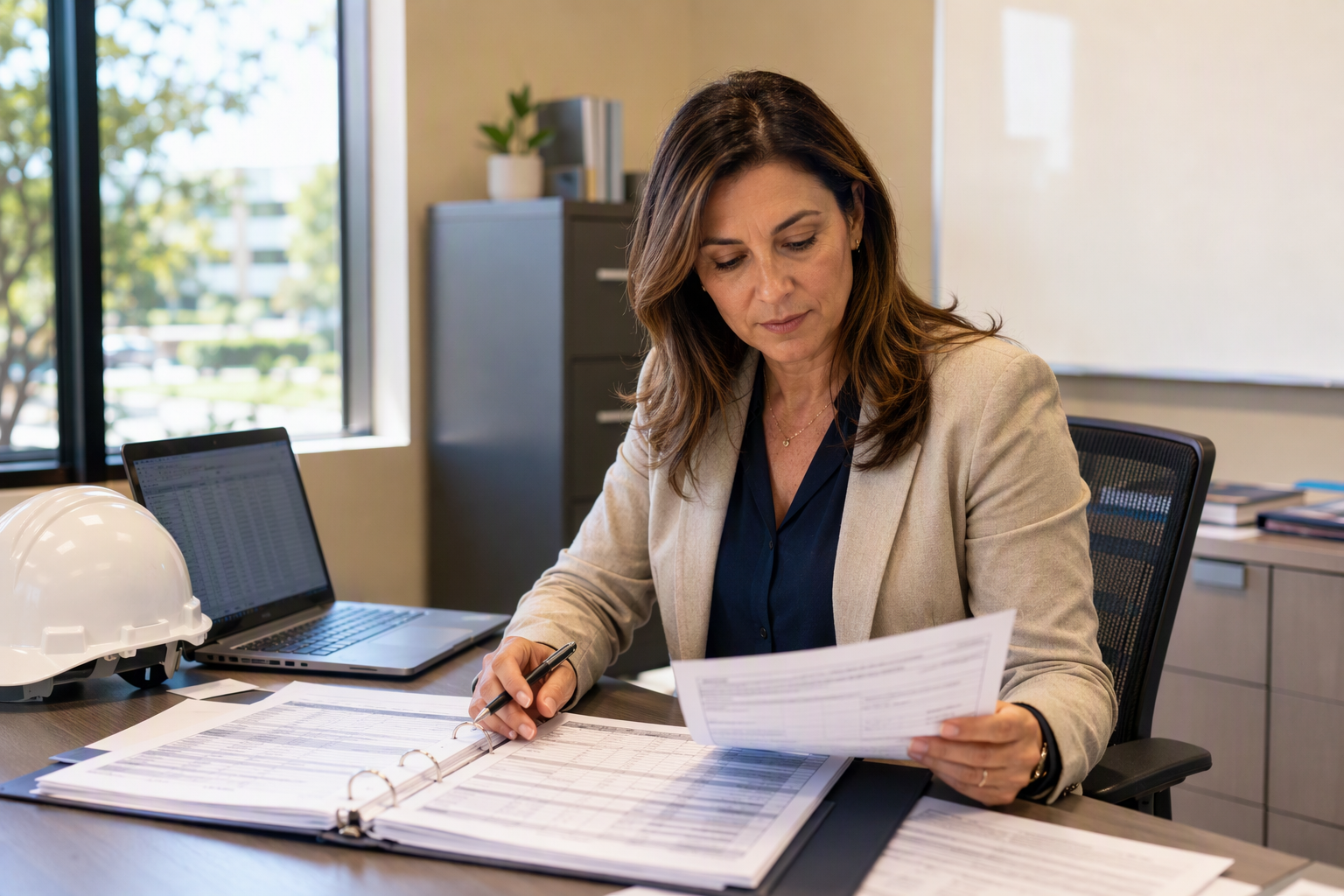 Healthcare facilities manager reviewing Cal/OSHA elevator permit-to-operate and commercial elevator maintenance compliance documents at an Orange County medical office building.