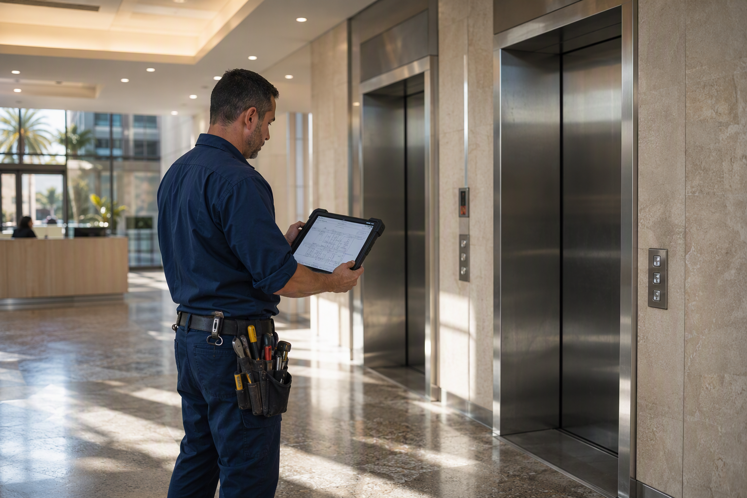 Certified elevator mechanic with diagnostic tablet standing beside commercial elevator doors in a Long Beach CA office building lobby — commercial elevator repair companies