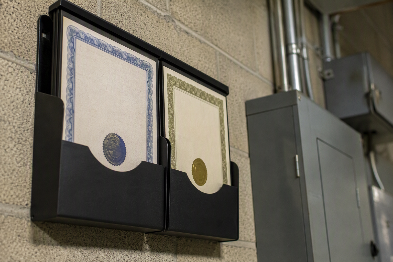 California CQCC and CCCM certification documents mounted in a commercial elevator machine room, representing state licensing requirements for elevator repair companies
