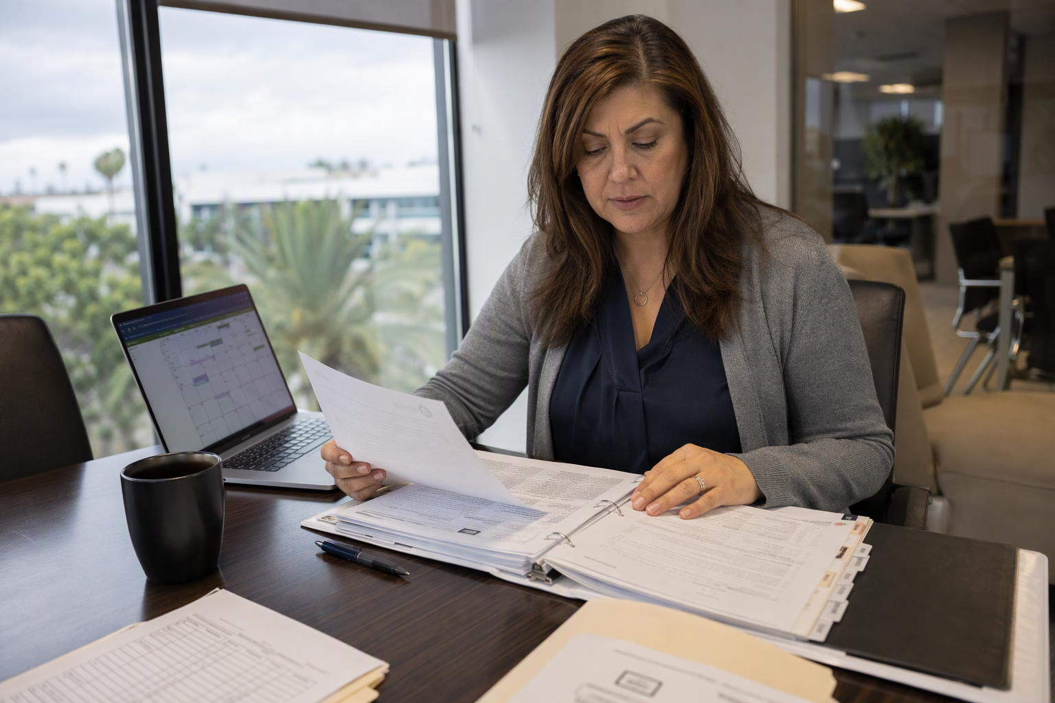 Property manager reviewing a California elevator permit-to-operate and maintenance records at a desk — regulatory compliance for commercial elevator repair companies in Los Angeles and Orange County